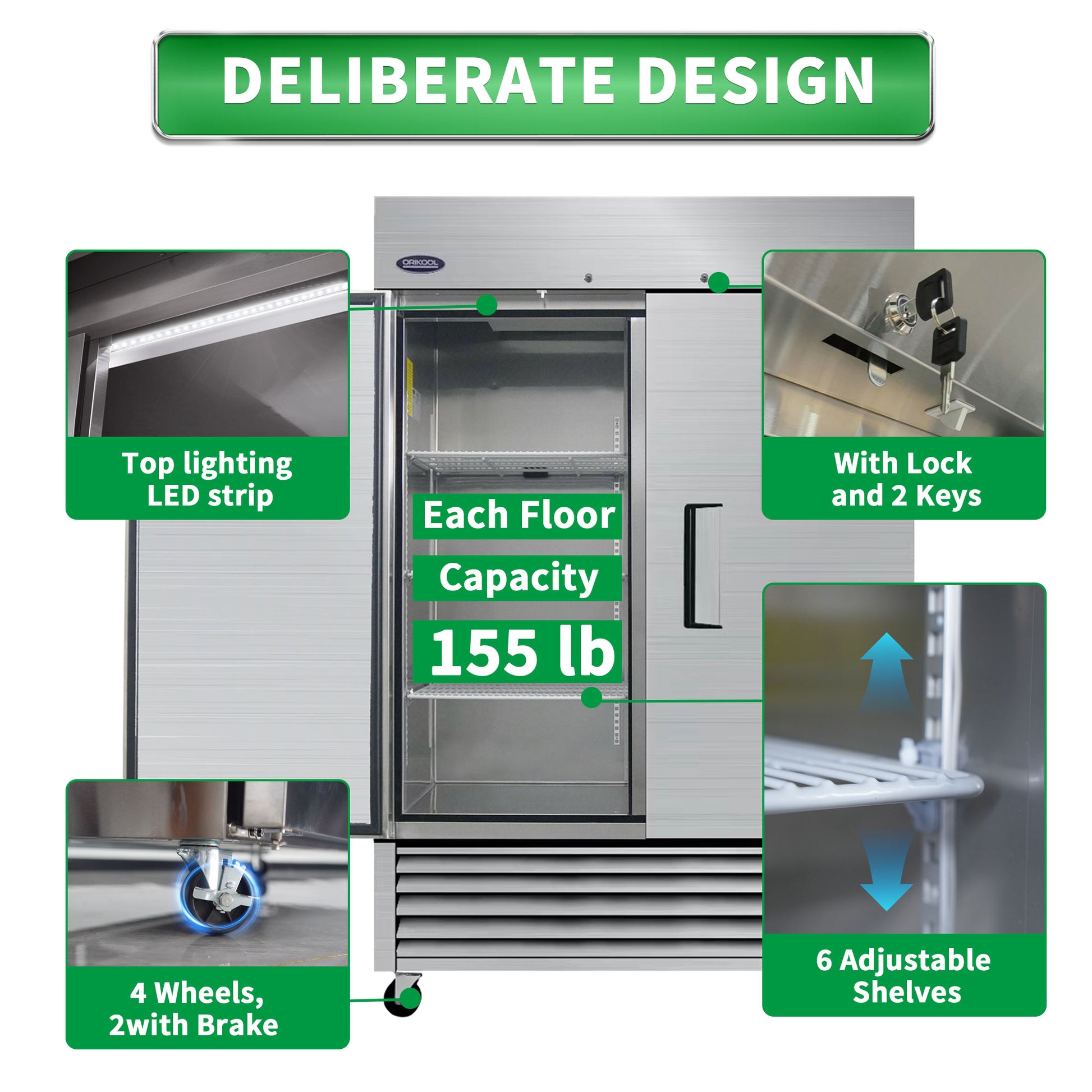 Orikool 54" Commercial Refrigerator 49 Cu.Ft With 2 Solid Door Reach In Refrigerators Stainless Steel Etl Approved Upright Fridge Storage Silver Stainless Steel