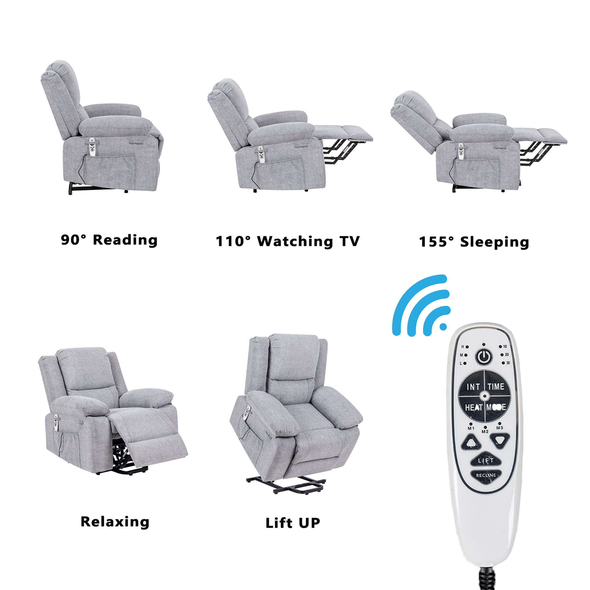 Electric Power Recliner Chair With Massage For Elderly ,Remote Control Multi Function Lifting, Timing, Cushion Heating Chair With Side Pocket Light Grey Light Grey Cat Scratch Fabric