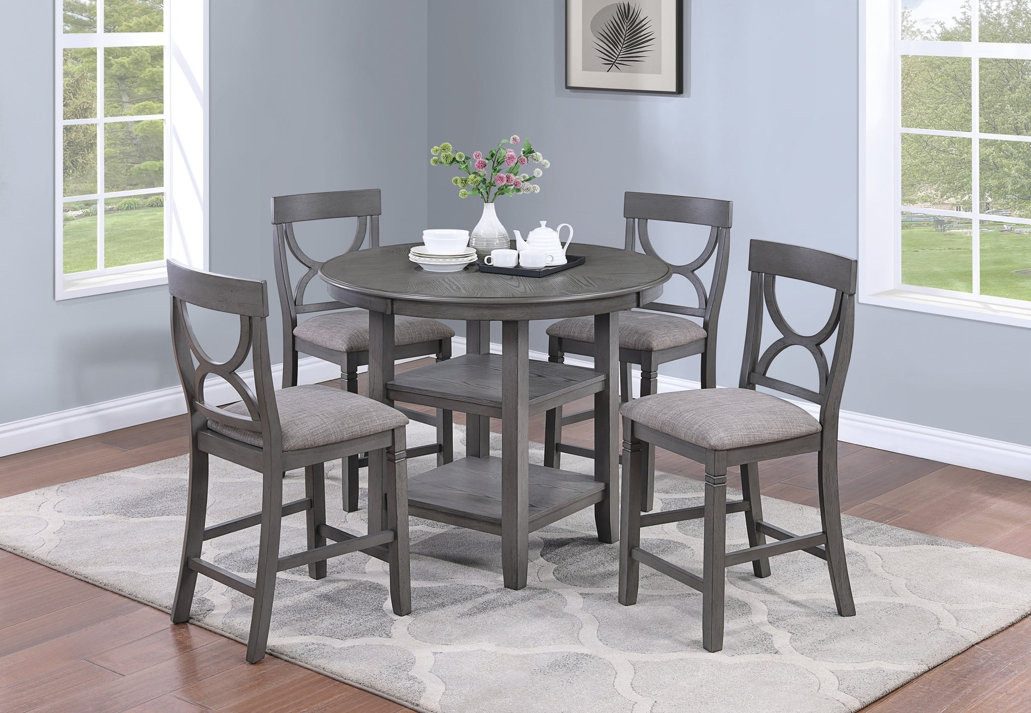 Counter Height Dining Table W Storage Shelve 4X Chairs Padded Seat Unique Design Back 5Pc Dining Set Gray Color Wood Gray Seats 4 Gray Dining Room Contemporary,Modern Round Dining Table With Chair Rubber Wood