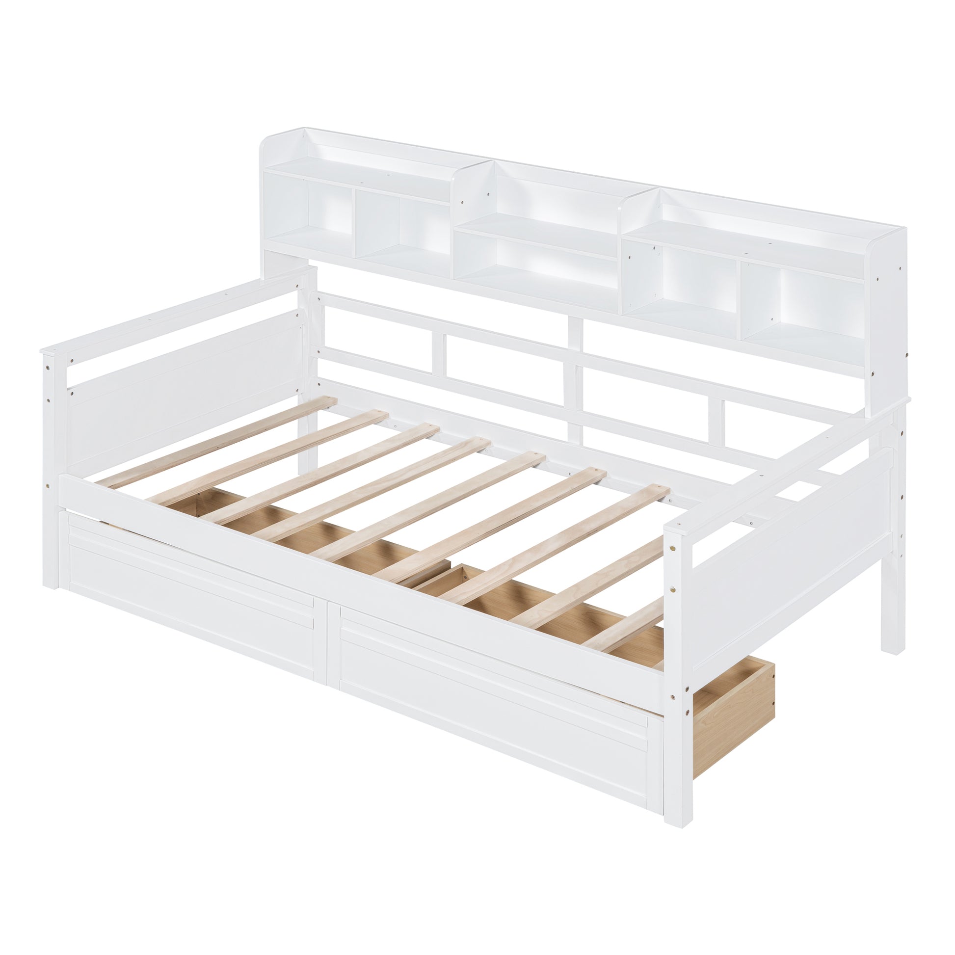 Twin Size Daybed, Wood Slat Support, With Bedside Shelves And Two Drawers, White White Solid Wood Mdf