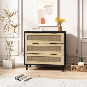 31.50"3 Drawers Rattan Storage Cabinet Rattan Drawer,For Bedroom,Living Room,Dining Room,Hallways,Black Black Mdf