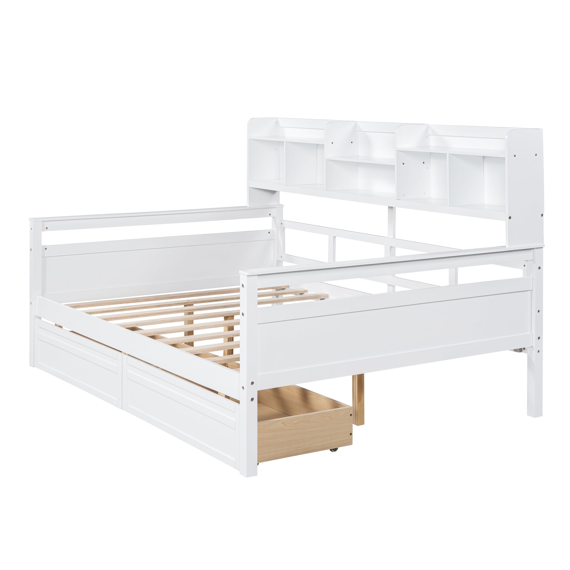 Full Size Daybed, Wood Slat Support, With Bedside Shelf And Two Drawers, White White Solid Wood Mdf