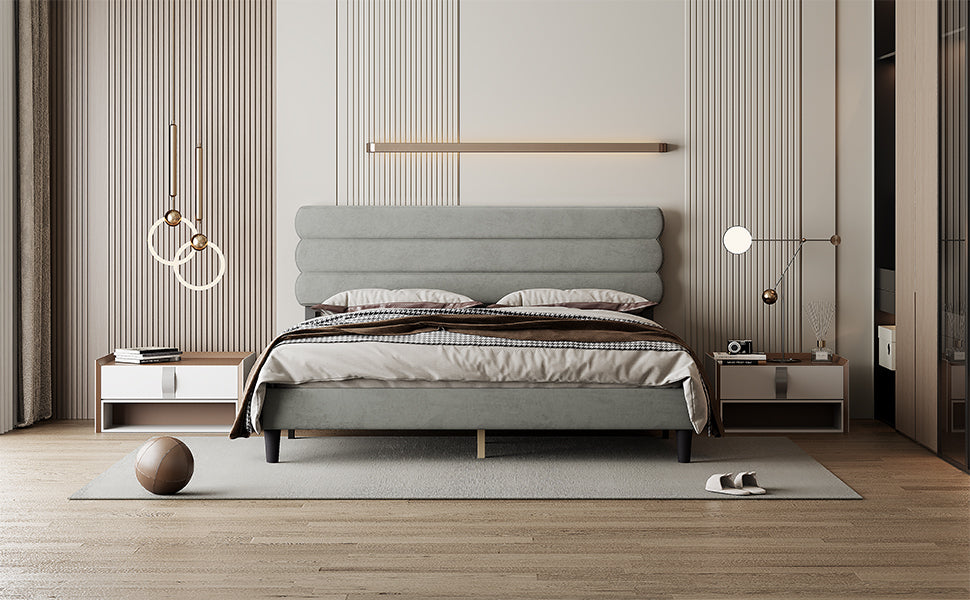 King Bed Frame With Headboard,Sturdy Platform Bed With Wooden Slats Support,No Box Spring,Mattress Foundation,Easy Assembly Light Grey Wood