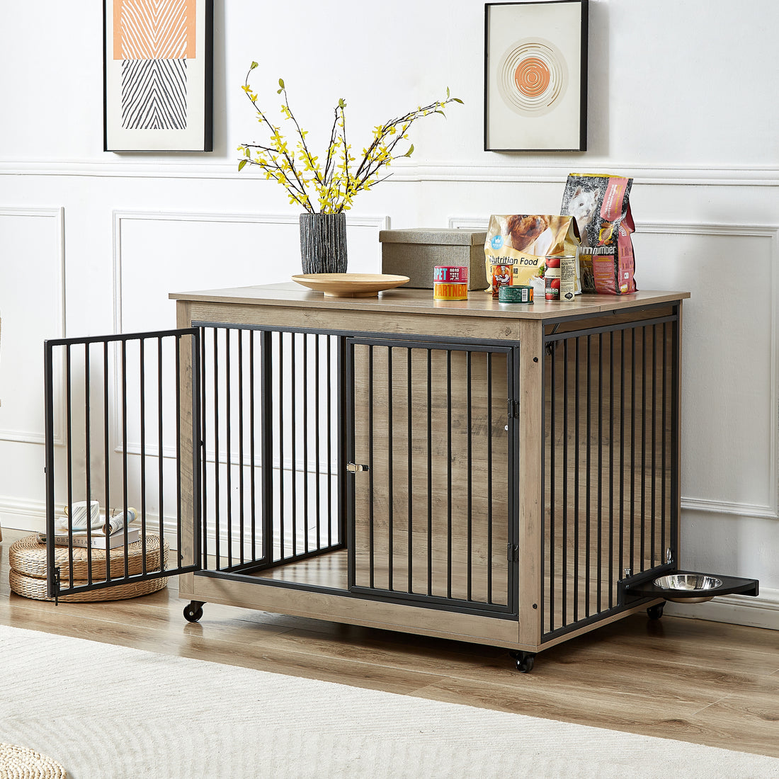 Furniture Style Dog Crate Side Table With Rotatable Feeding Bowl, Wheels, Three Doors, Flip Up Top Opening. Indoor, Grey, 43.7"W X 30"D X 33.7"H Grey Particle Board