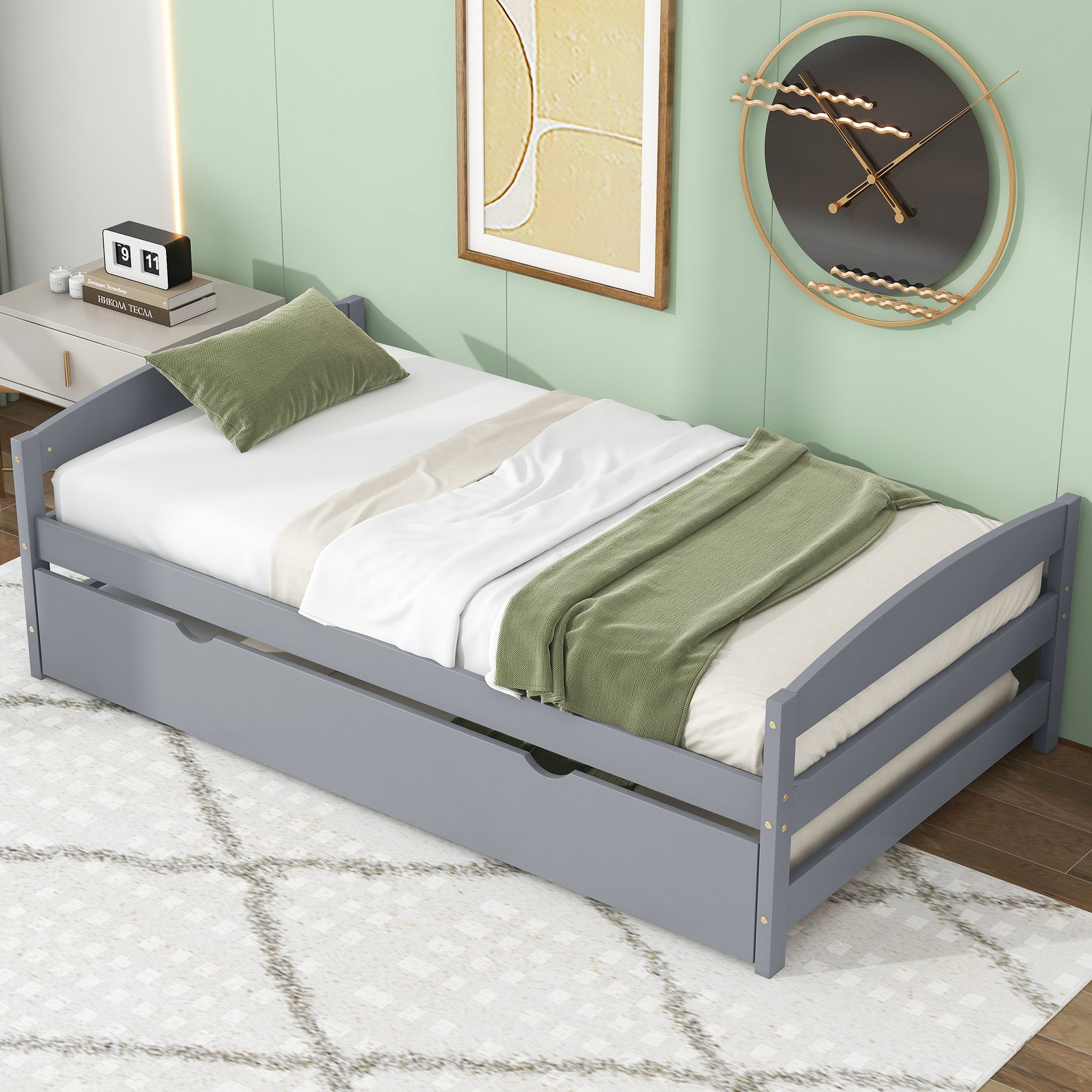 Twin Size Platform Bed With Twin Size Trundle, Gray Box Spring Not Required Twin Gray Wood Bedroom Pine