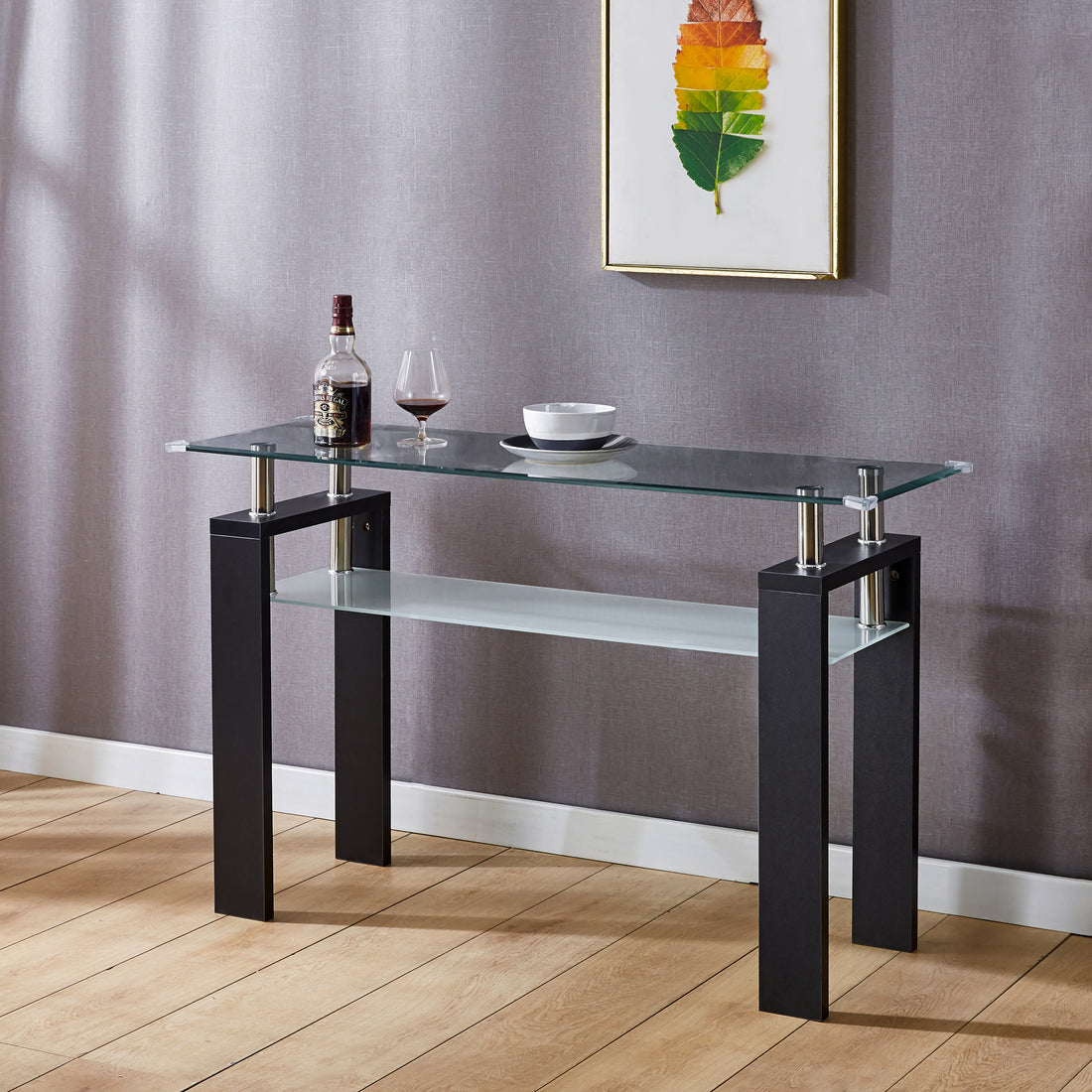 Black Mdf Console Table, Tempered Glass Top, Modern Foyer Area Table Black Mdf