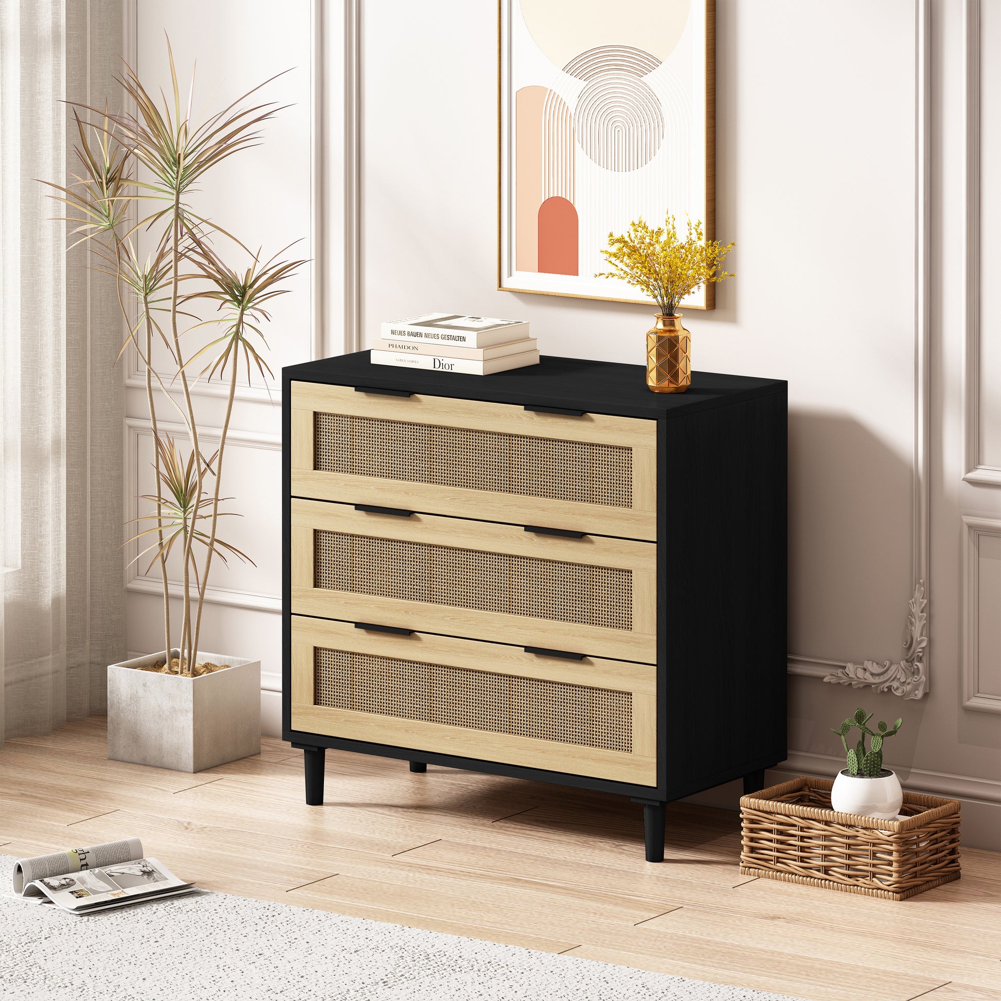 31.50"3 Drawers Rattan Storage Cabinet Rattan Drawer,For Bedroom,Living Room,Dining Room,Hallways,Black Black Mdf