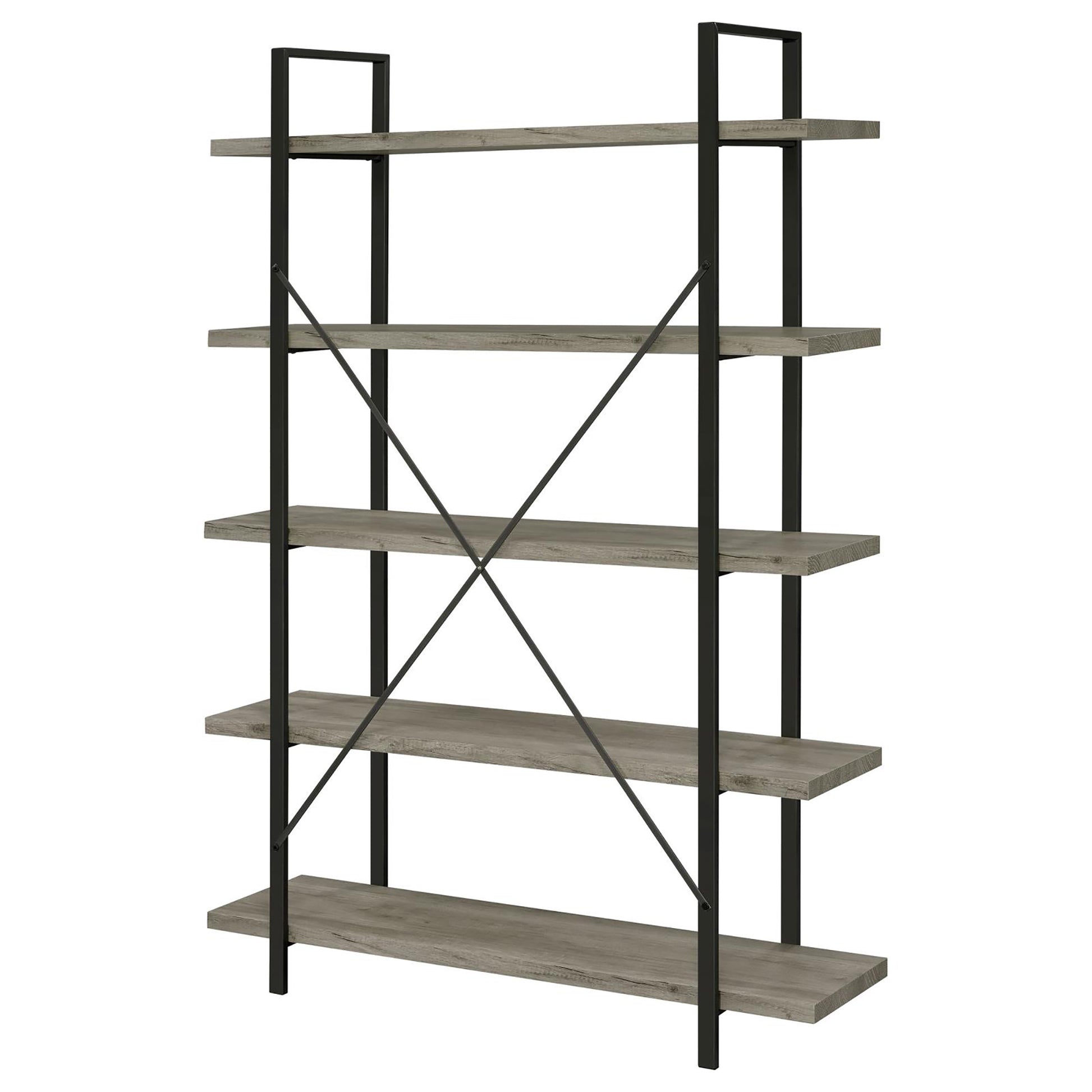 Grey Driftwood And Gunmetal 5 Tier Bookcase 5 Grey Gray Standard Vertical Office Open Back Wood Farmhouse,Rustic Wood