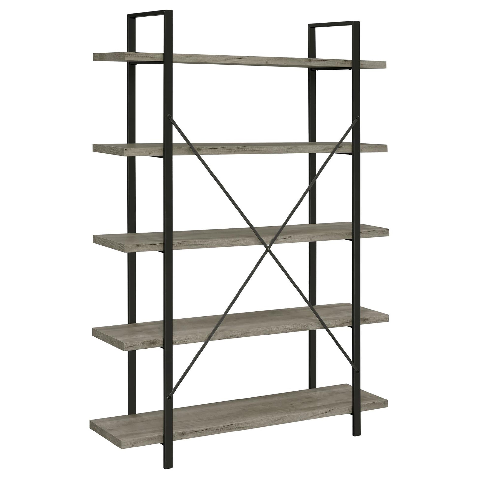 Grey Driftwood And Gunmetal 5 Tier Bookcase 5 Grey Gray Standard Vertical Office Open Back Wood Farmhouse,Rustic Wood