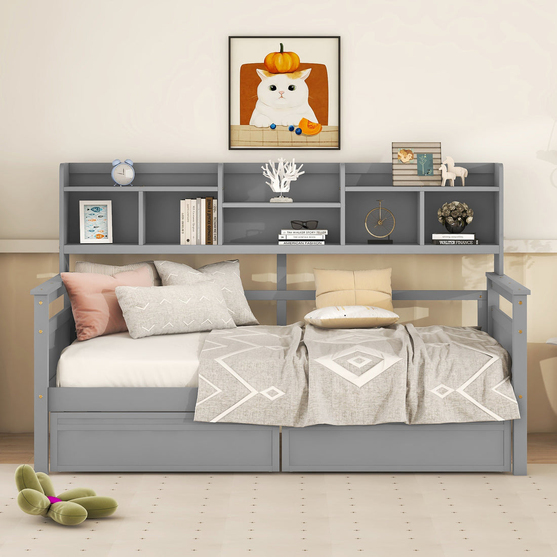 Twin Size Daybed, Wood Slat Support, With Bedside Shelves And Two Drawers, Gray Gray Solid Wood Mdf