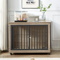 Furniture Style Dog Crate Side Table With Feeding Bowl, Wheels, Three Doors, Flip Up Top Opening. Indoor, Grey, 43.7