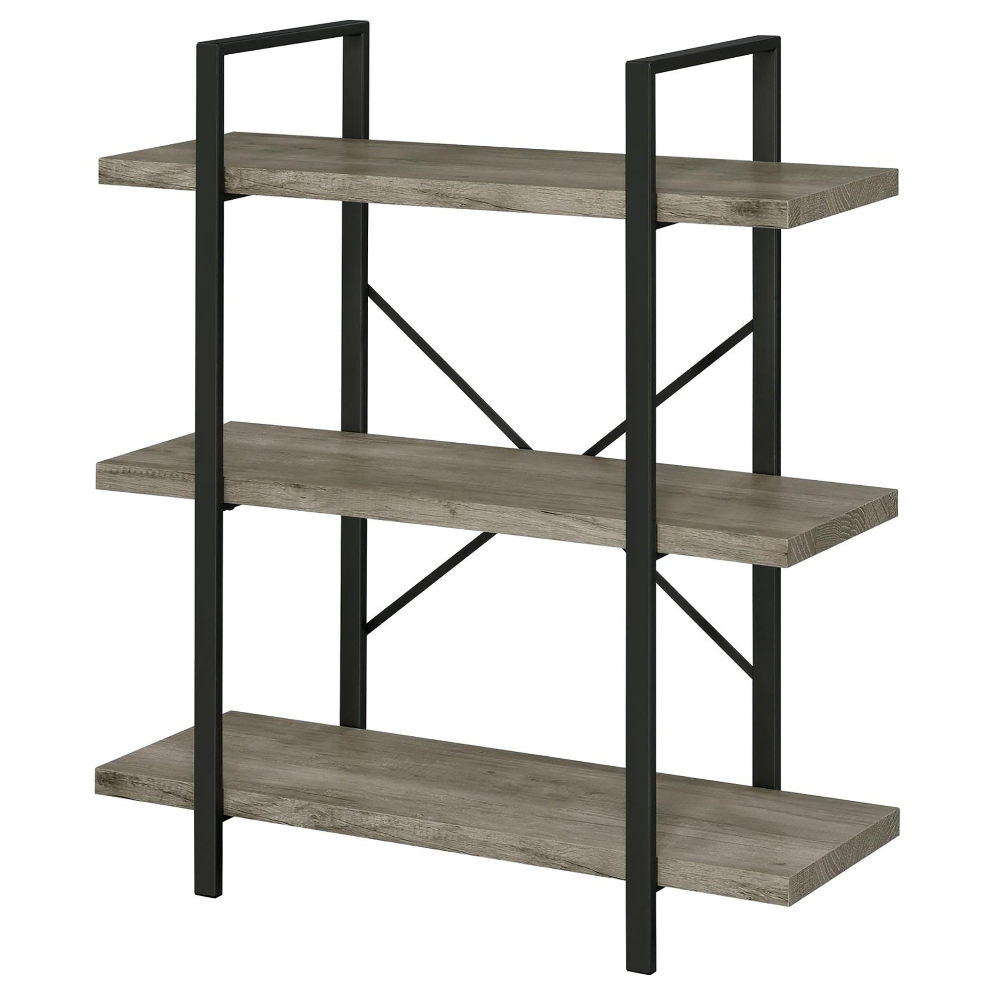 Grey Driftwood And Gunmetal 3 Tier Bookcase 3 Grey Gray Standard Vertical Office Open Back Wood Farmhouse,Rustic Wood