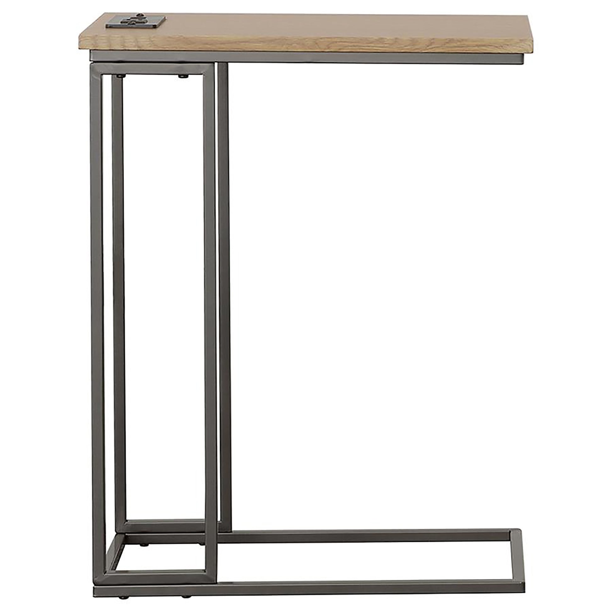 Gunmetal And Natural C Shape Snack Table With Power Outlet Brown Light Brown Built In Outlets Or Usb Primary Living Space Industrial Rectangular Rectangular Wood Sled