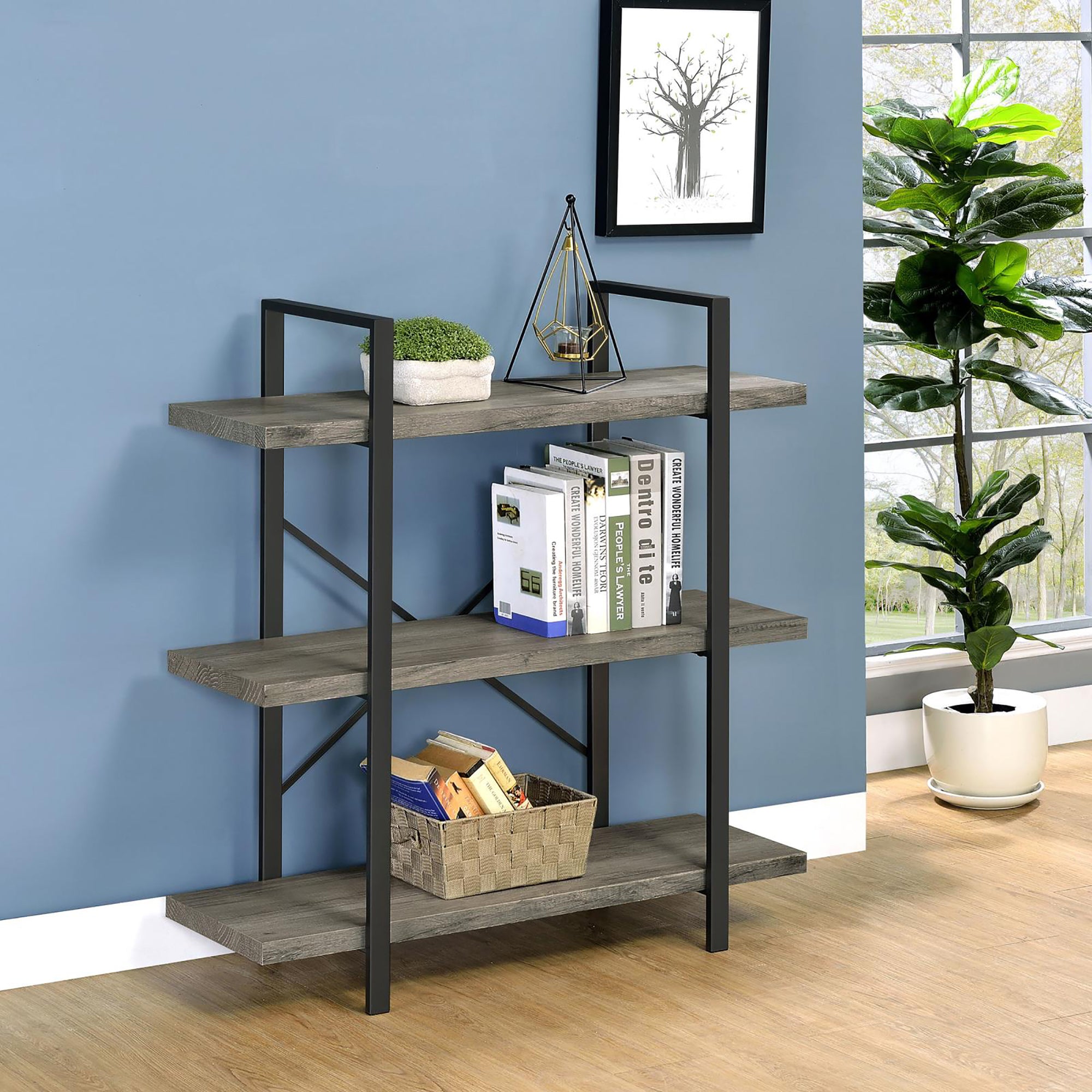 Grey Driftwood And Gunmetal 3 Tier Bookcase 3 Grey Gray Standard Vertical Office Open Back Wood Farmhouse,Rustic Wood