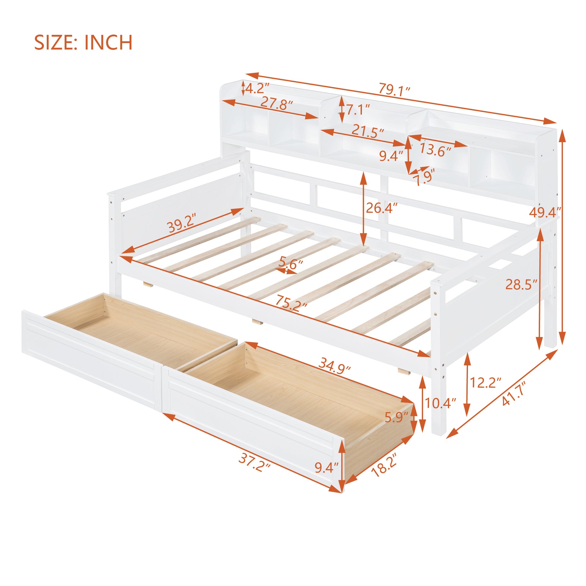 Twin Size Daybed, Wood Slat Support, With Bedside Shelves And Two Drawers, White White Solid Wood Mdf