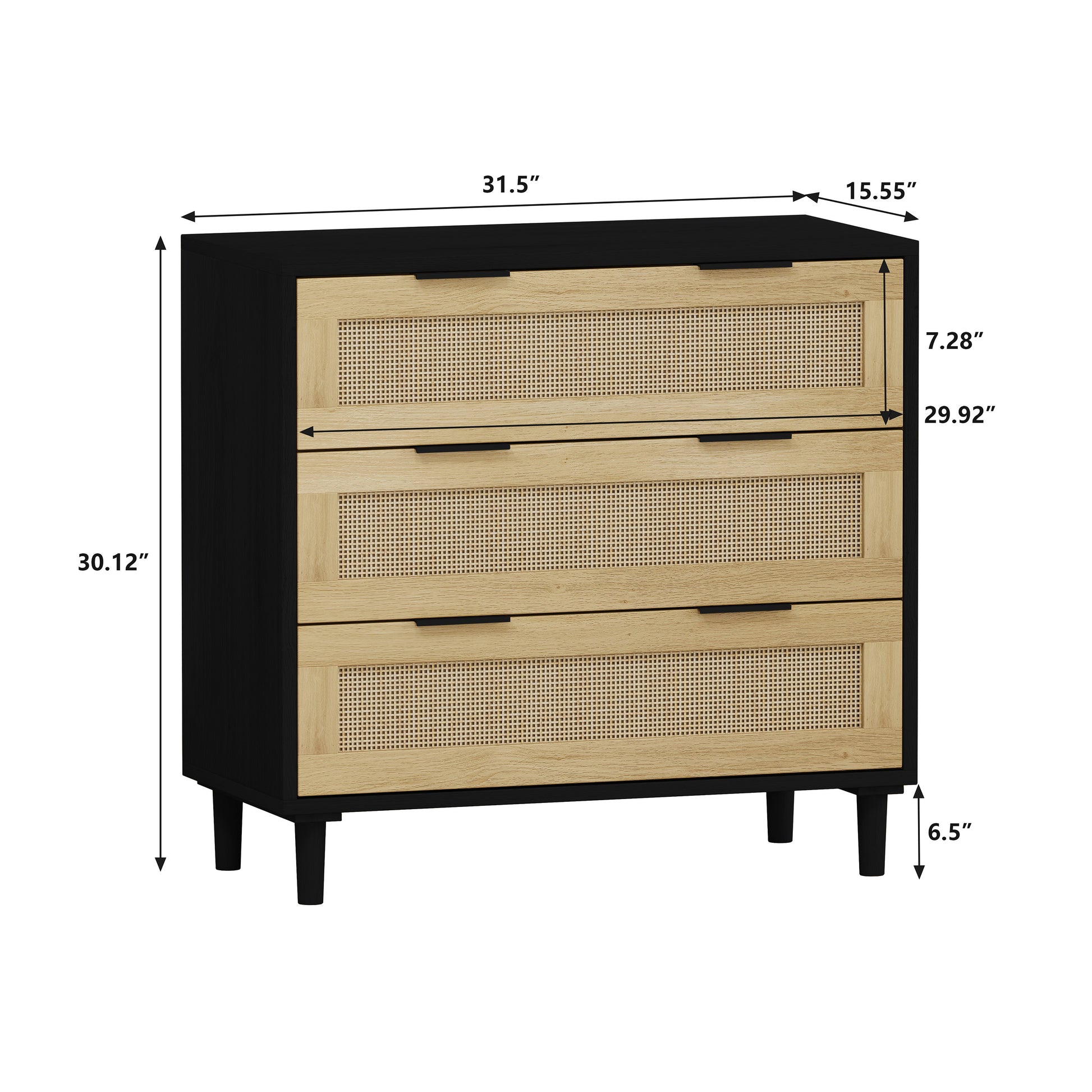 31.50"3 Drawers Rattan Storage Cabinet Rattan Drawer,For Bedroom,Living Room,Dining Room,Hallways,Black Black Mdf