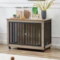 Furniture Style Dog Crate Side Table With Feeding Bowl, Wheels, Three Doors, Flip Up Top Opening. Indoor, Grey, 38.58