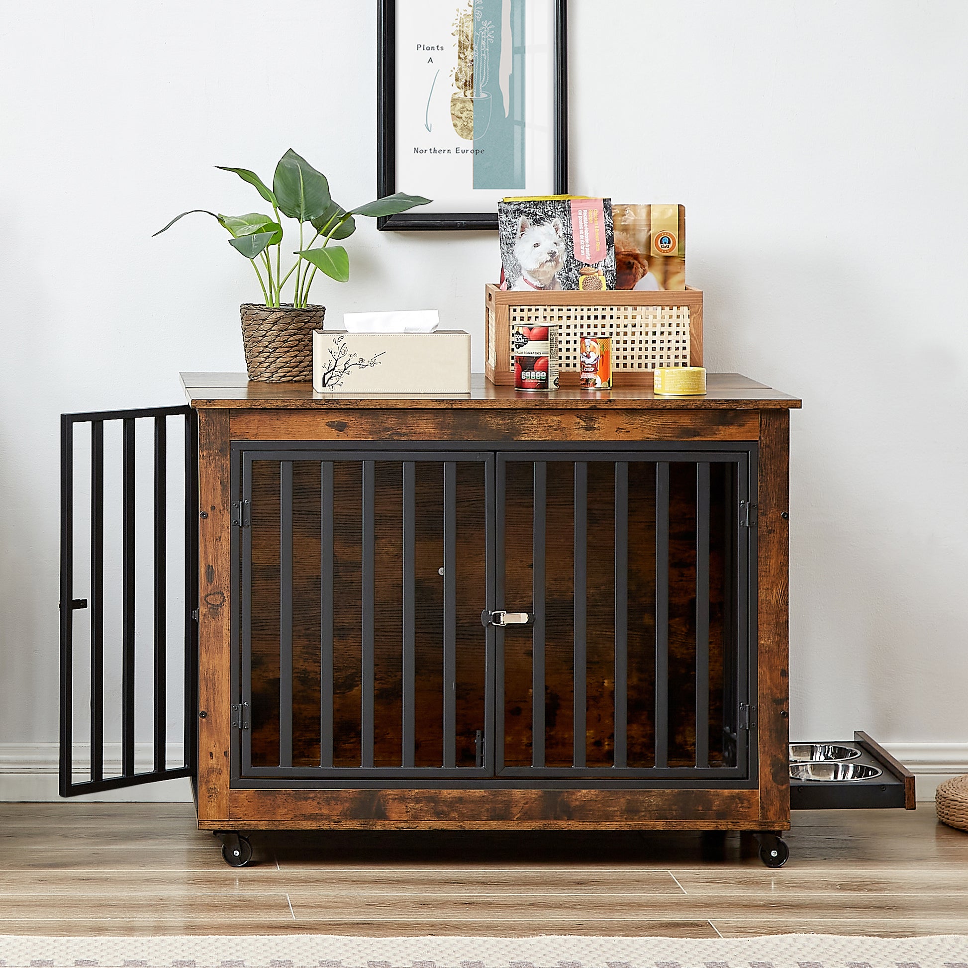 Furniture Style Dog Crate Side Table With Feeding Bowl, Wheels, Three Doors, Flip Up Top Opening. Indoor, Rustic Brown, 38.58"W X 25.2"D X 27.17"H Rustic Brown Particle Board