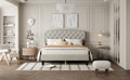 Queen Size Adjustable Headboard With Fine Linen Upholstery And Button Tufting For Bedroom, Wave Top Cream White Cream White Wood