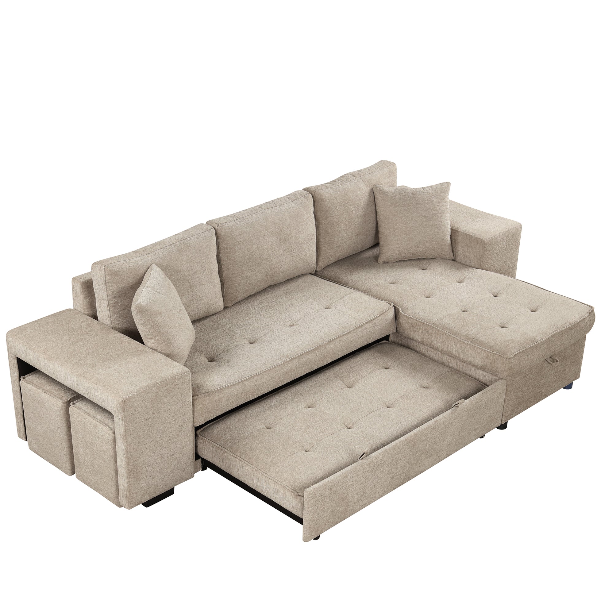 104.5" Modern L Shape 3 Seat Reversible Sectional Couch, Pull Out Sleeper Sofa With Storage Chaise And 2 Stools For Living Room Furniture Set, Cream Cream Foam Chenille 3 Seat