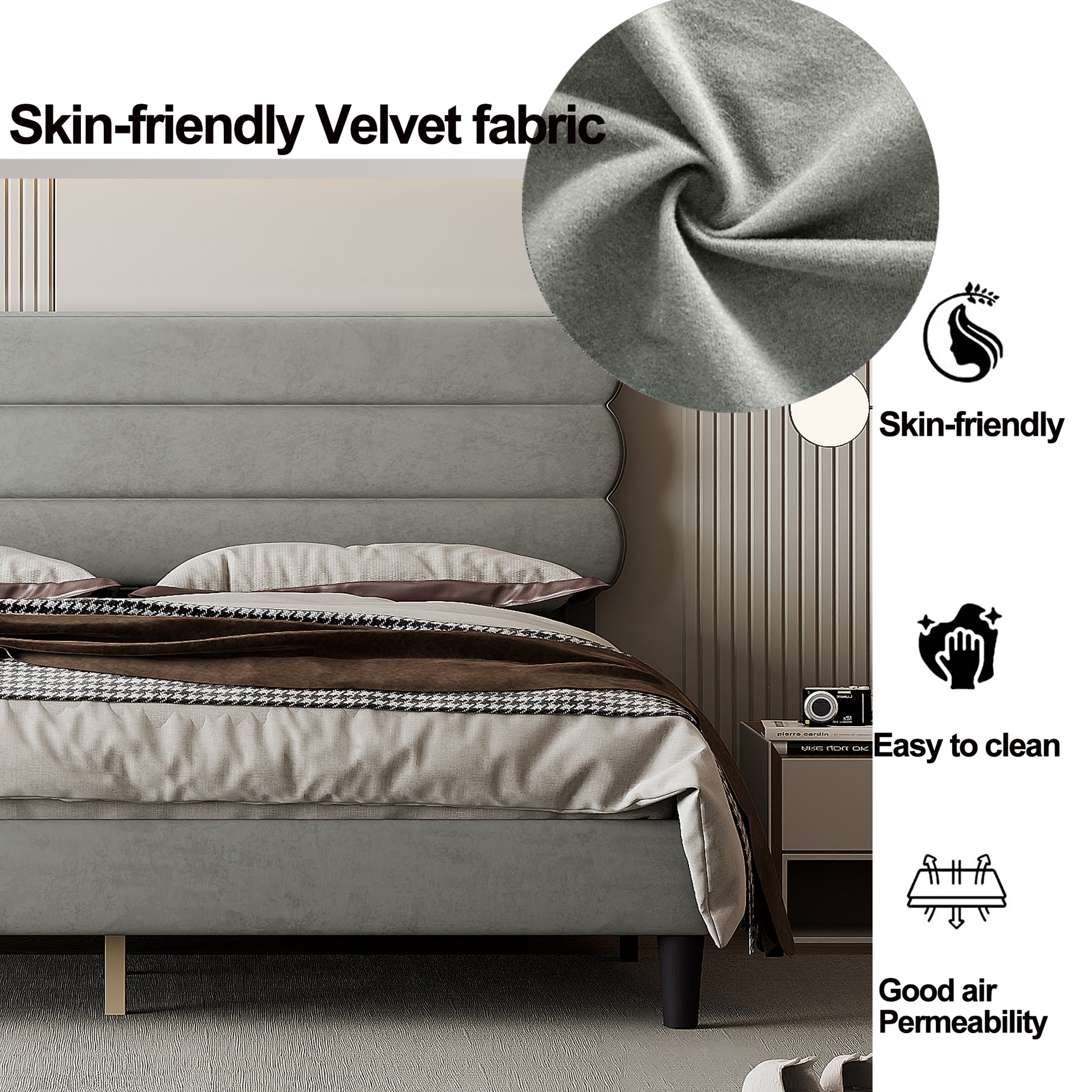 King Bed Frame With Headboard,Sturdy Platform Bed With Wooden Slats Support,No Box Spring,Mattress Foundation,Easy Assembly Light Grey Wood
