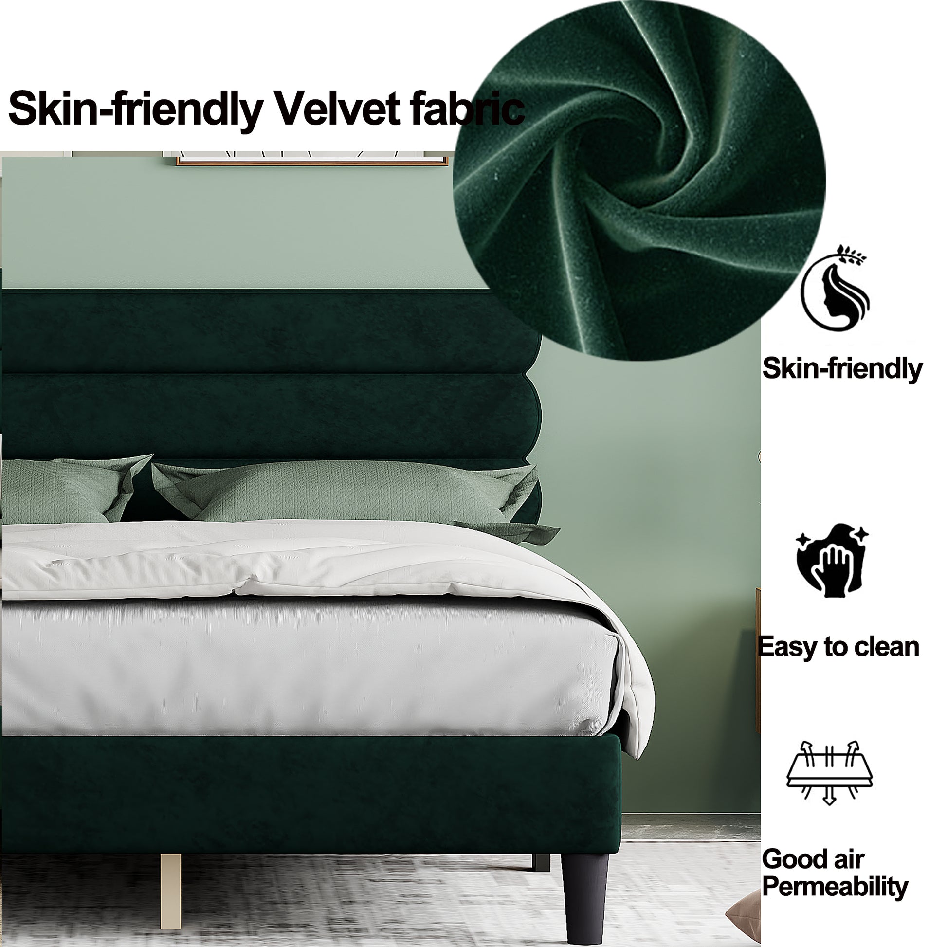 Queen Bed Frame With Headboard,Sturdy Platform Bed With Wooden Slats Support,No Box Spring,Mattress Foundation,Easy Assembly Green Green Wood