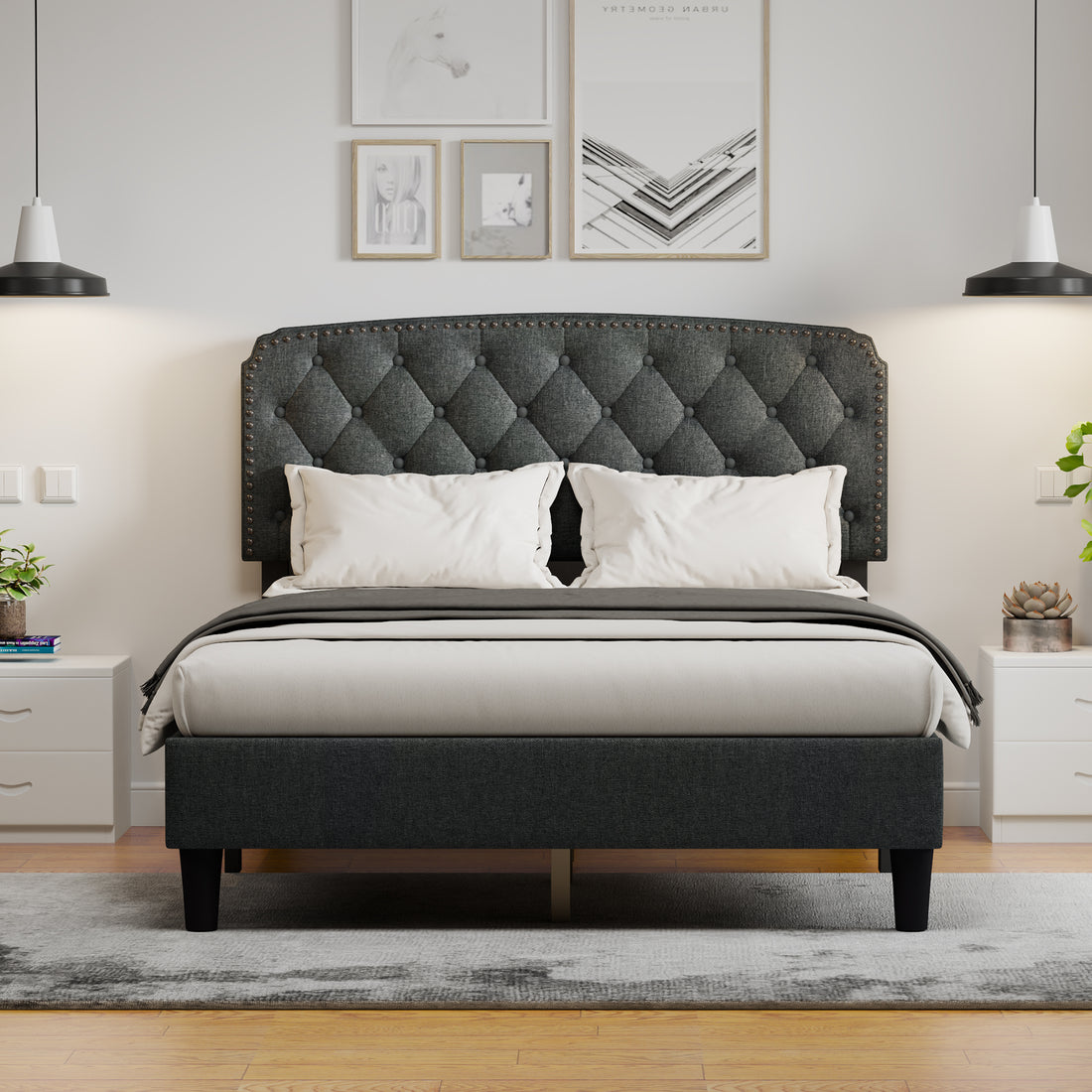 Full Size Adjustable Headboard With Fine Linen Upholstery And Button Tufting For Bedroom, Wave Top Dark Gray Dark Grey Wood