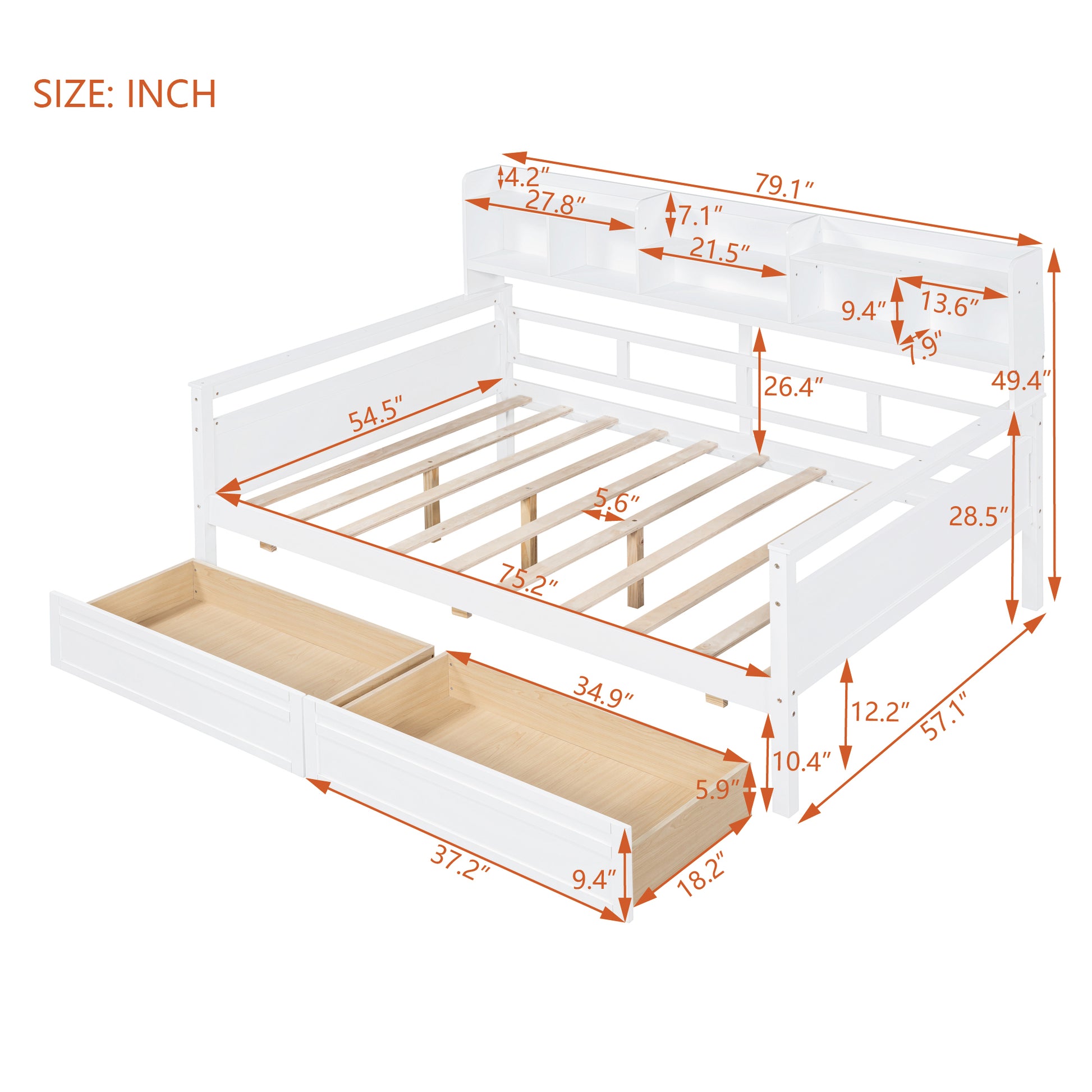 Full Size Daybed, Wood Slat Support, With Bedside Shelf And Two Drawers, White White Solid Wood Mdf