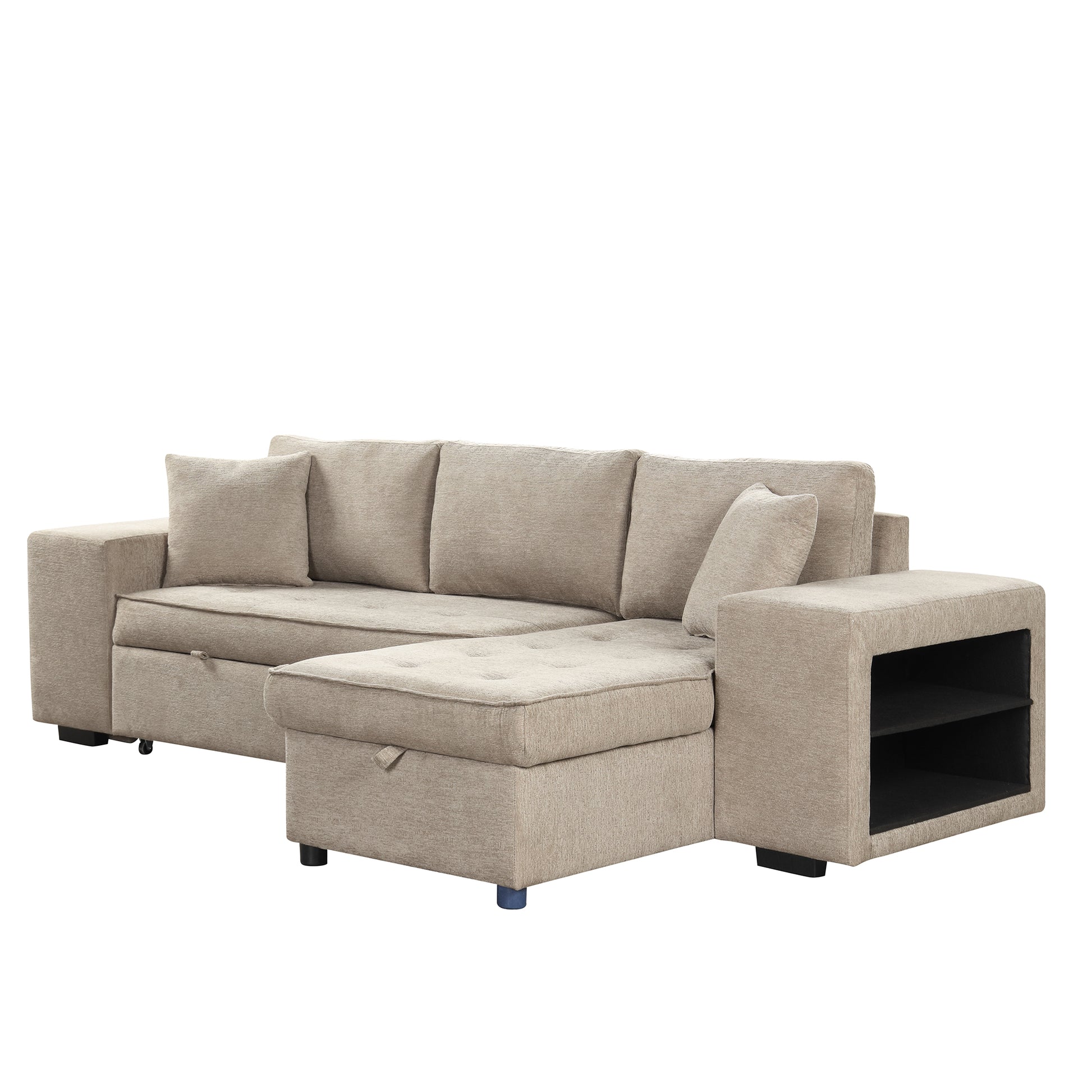 104.5" Modern L Shape 3 Seat Reversible Sectional Couch, Pull Out Sleeper Sofa With Storage Chaise And 2 Stools For Living Room Furniture Set, Cream Cream Foam Chenille 3 Seat