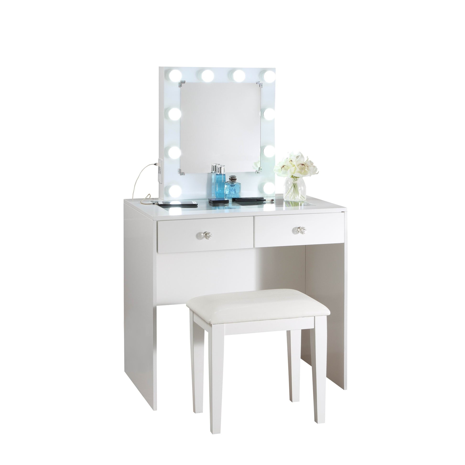 White Makeup Vanity And Stool Set With 10 Lights And Usb Port And Power Outlet, 2X Drawers Luxurious Style Furniture White Drawer 2 Drawers Bedroom Modern Wood