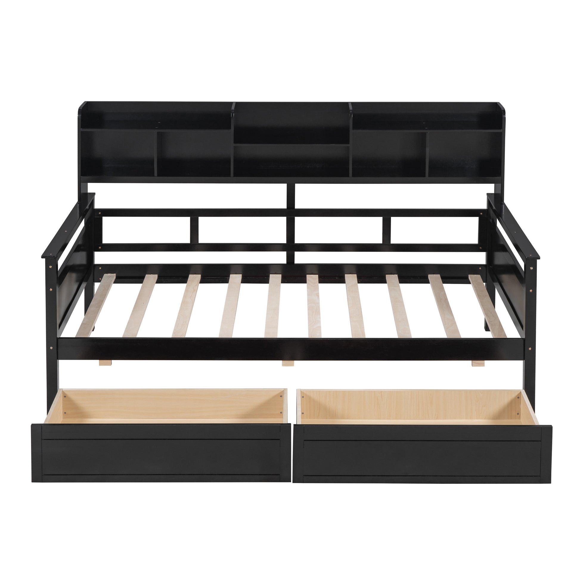 Twin Size Daybed, Wood Slat Support, With Bedside Shelves And Two Drawers, Espresso Espresso Solid Wood Mdf