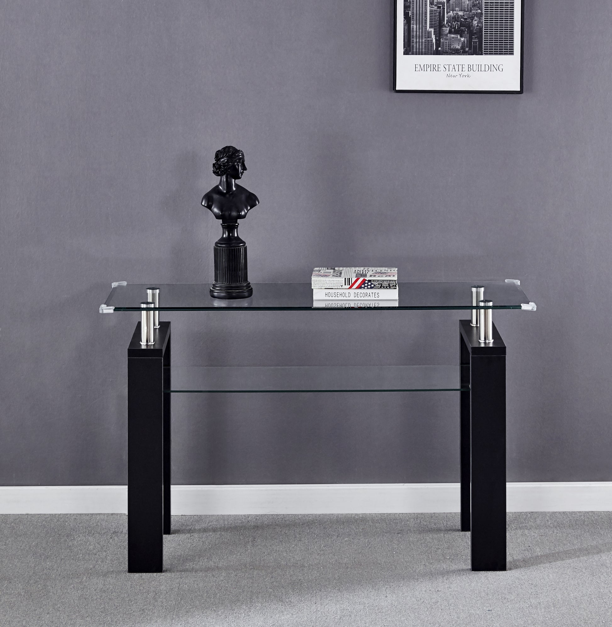 Black Mdf Console Table, Tempered Glass Top, Modern Foyer Area Table Black Mdf