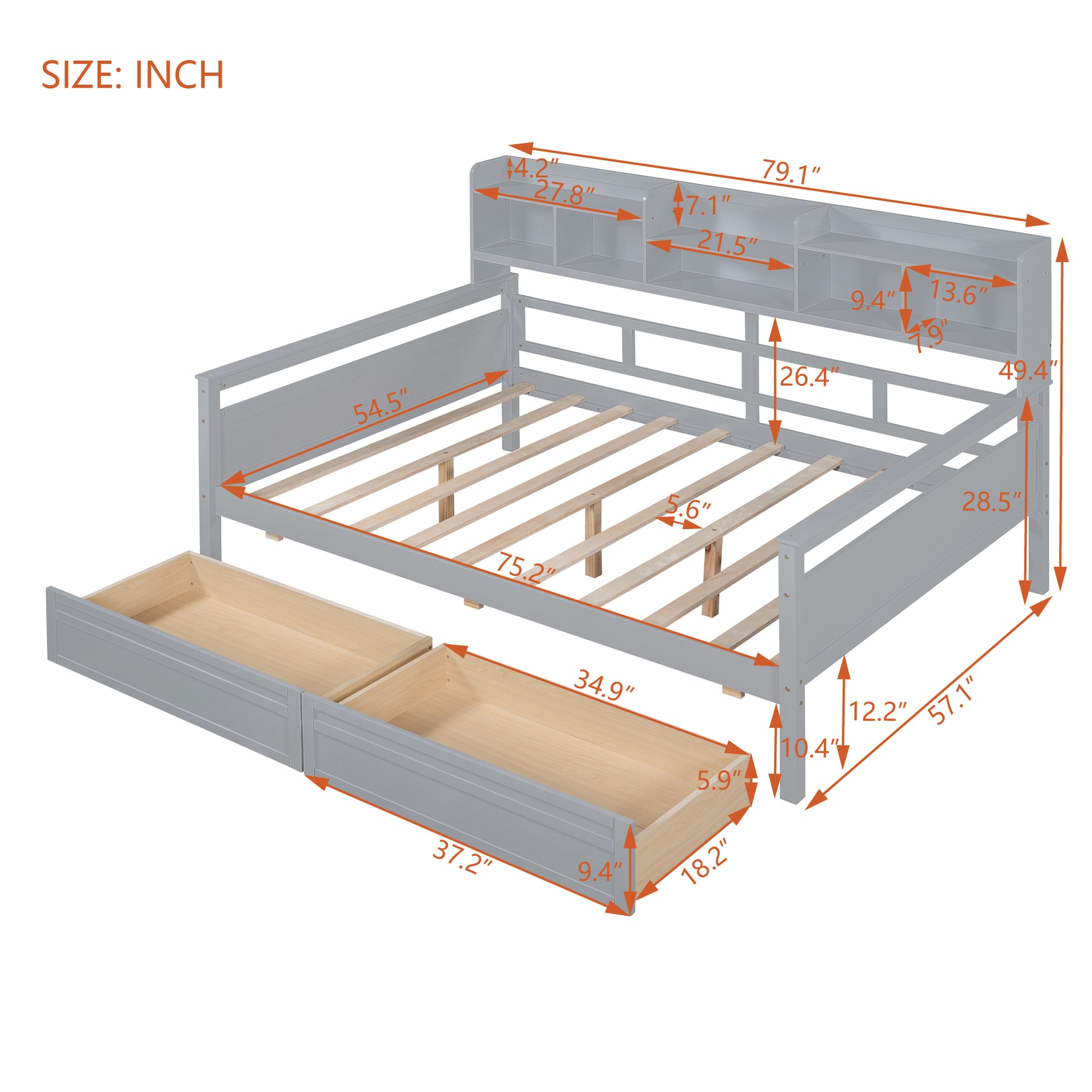 Full Size Daybed, Wood Slat Support, With Bedside Shelf And Two Drawers, Gray Gray Solid Wood Mdf