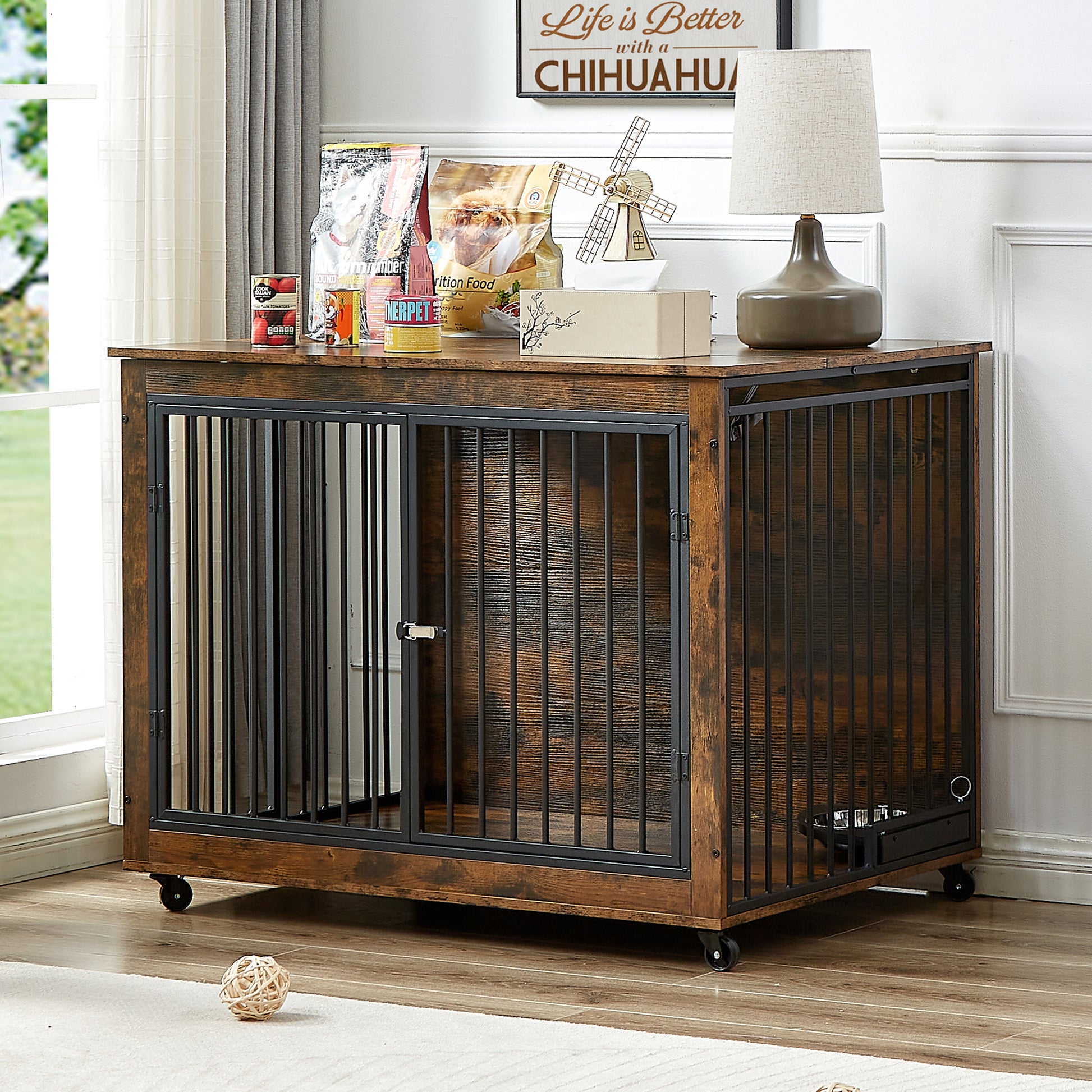 Furniture Style Dog Crate Side Table With Rotatable Feeding Bowl, Wheels, Three Doors, Flip Up Top Opening. Indoor, Rustic Brown, 43.7"W X 30"D X 33.7"H Rustic Brown Particle Board