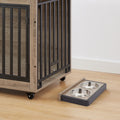 Furniture Style Dog Crate Side Table With Feeding Bowl, Wheels, Three Doors, Flip Up Top Opening. Indoor, Grey, 38.58