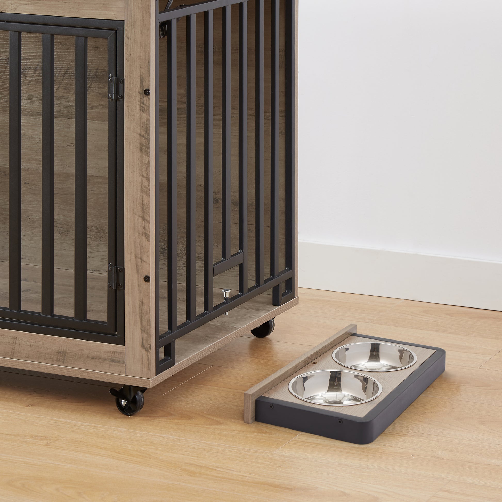 Furniture Style Dog Crate Side Table With Feeding Bowl, Wheels, Three Doors, Flip Up Top Opening. Indoor, Grey, 38.58"W X 25.2"D X 27.17"H Grey Particle Board