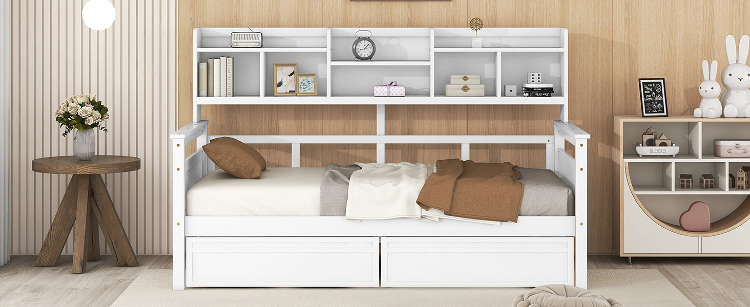 Twin Size Daybed, Wood Slat Support, With Bedside Shelves And Two Drawers, White White Solid Wood Mdf