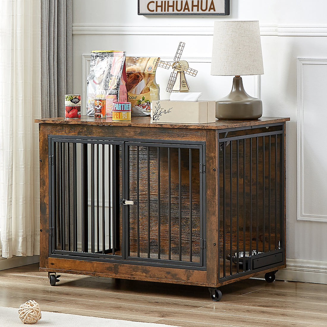 Furniture Style Dog Crate Side Table With Rotatable Feeding Bowl, Wheels, Three Doors, Flip Up Top Opening. Indoor, Rustic Brown, 38.58"W X 25.2"D X 27.17"H Rustic Brown Particle Board