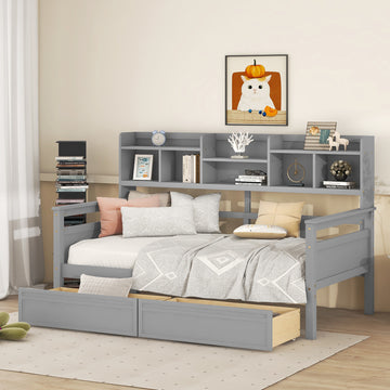 Twin Size Daybed, Wood Slat Support, With Bedside Shelves And Two Drawers, Gray Gray Solid Wood Mdf