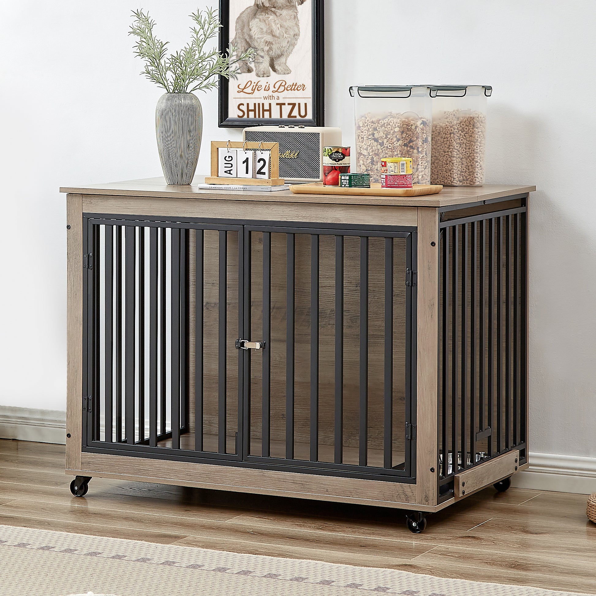 Furniture Style Dog Crate Side Table With Feeding Bowl, Wheels, Three Doors, Flip Up Top Opening. Indoor, Grey, 43.7"W X 30"D X 33.7"H Grey Particle Board