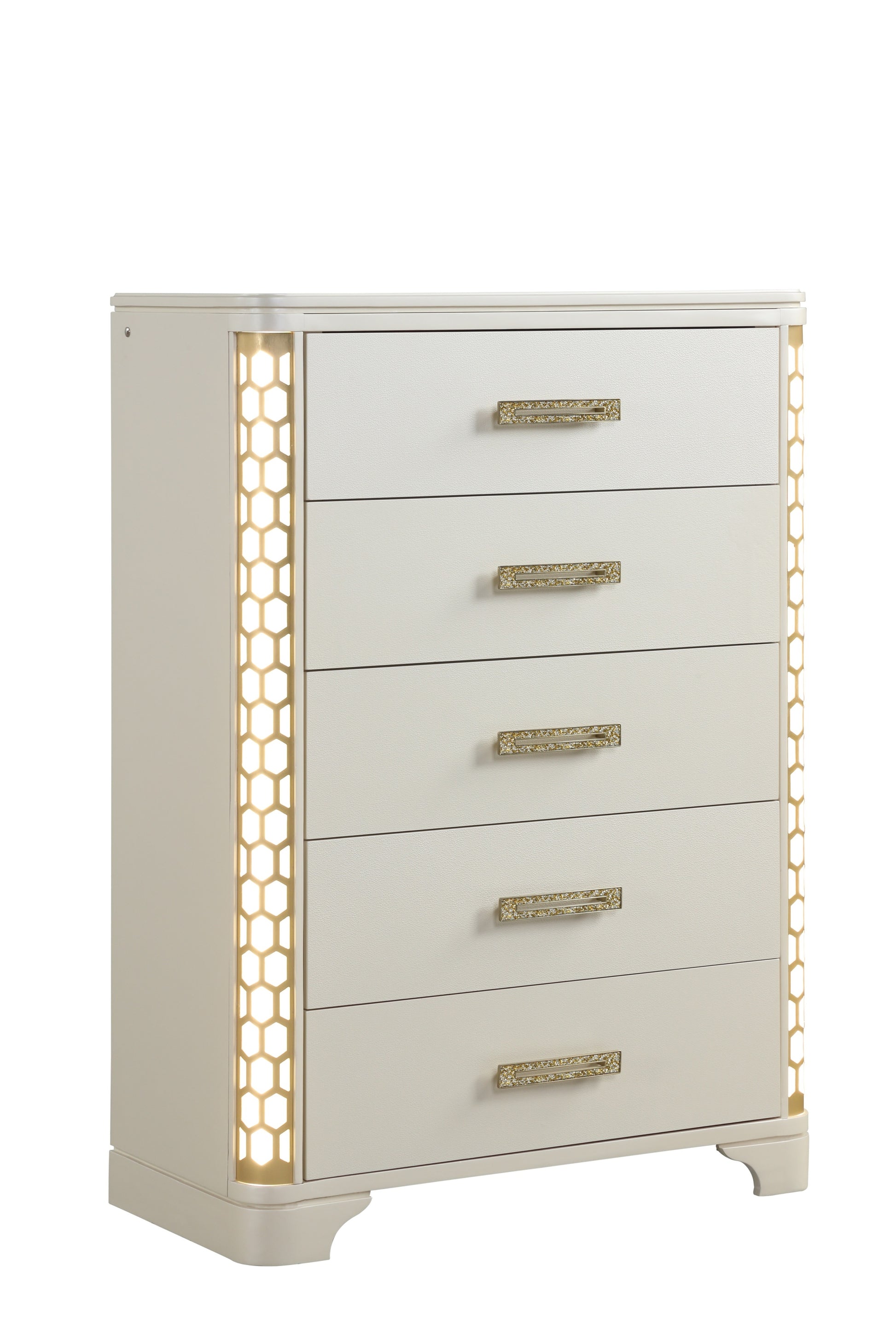 Jasmine 5 Drawer Chest With Side Led Lightning Made With Wood In Beige Beige Bedroom Modern Acacia Upholstered Wood