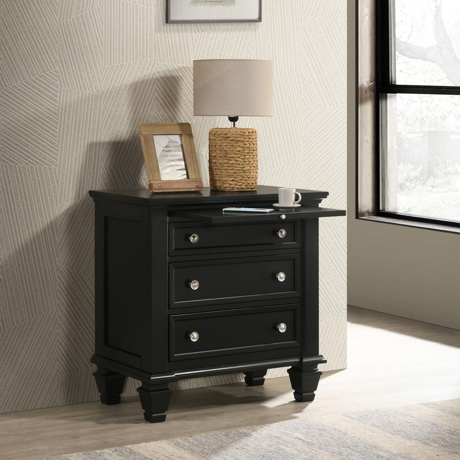 Black 3 Drawer Nightstand With Pull Out Tray Black 3 Drawers Bedroom Drawer Storage Coastal Rubberwood Felt Lined Drawers Black Wood