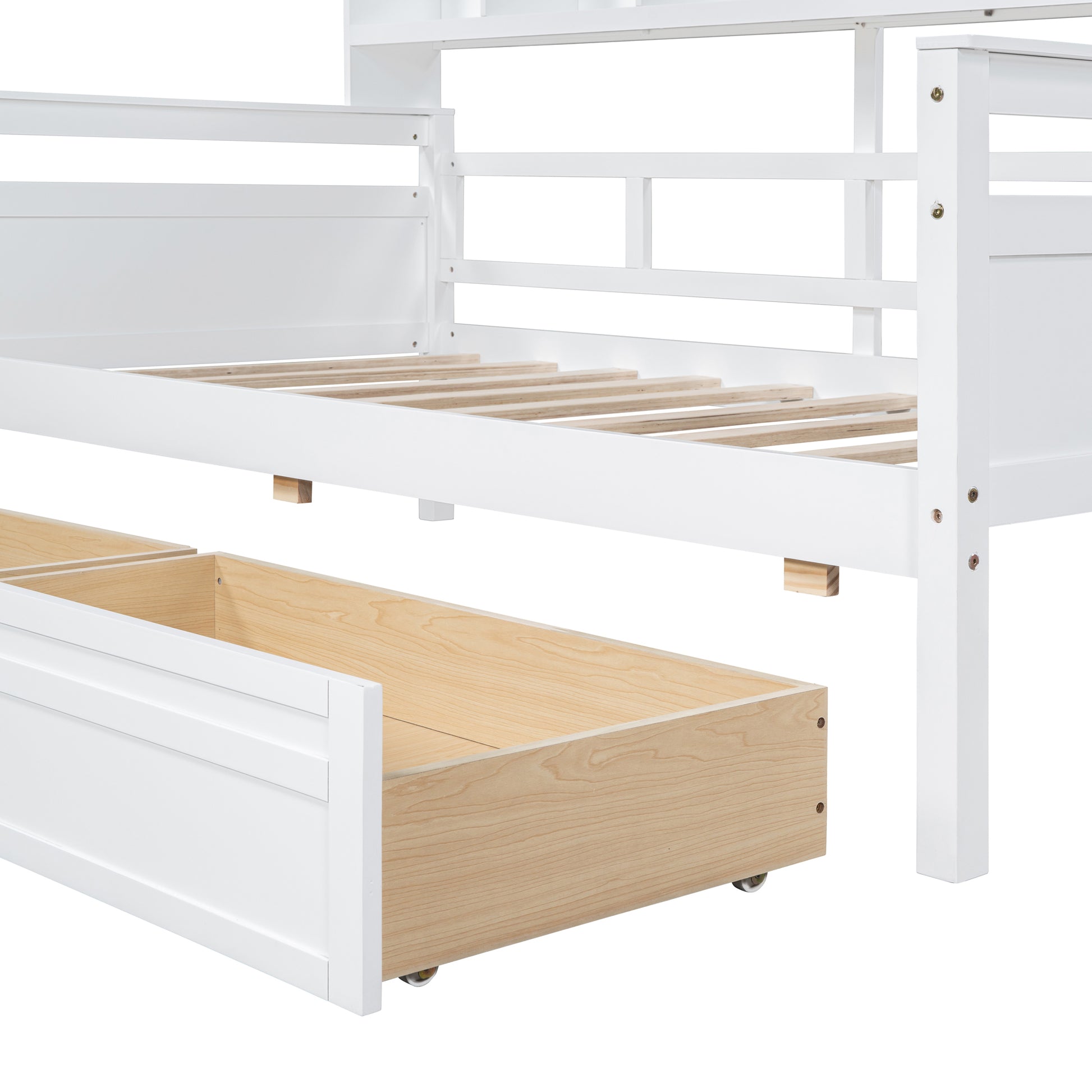 Twin Size Daybed, Wood Slat Support, With Bedside Shelves And Two Drawers, White White Solid Wood Mdf