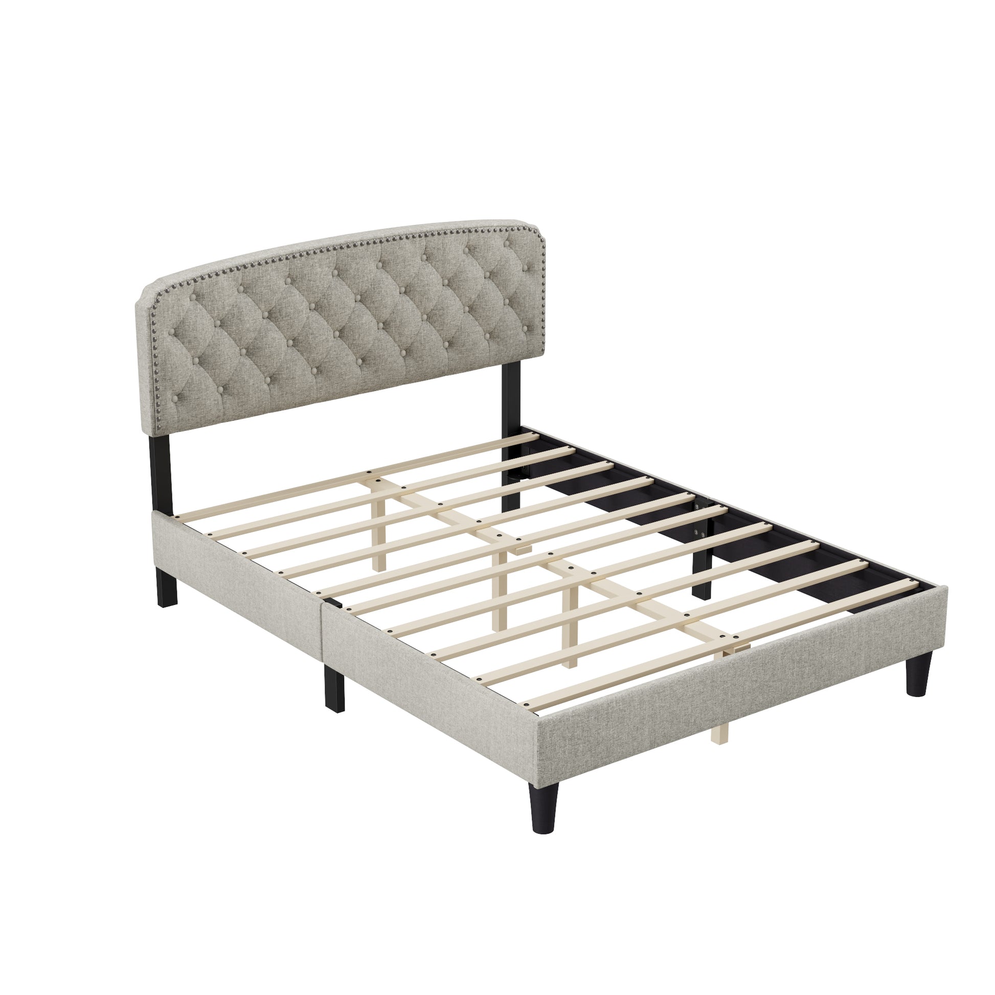 Queen Size Adjustable Headboard With Fine Linen Upholstery And Button Tufting For Bedroom, Wave Top Cream White Cream White Wood