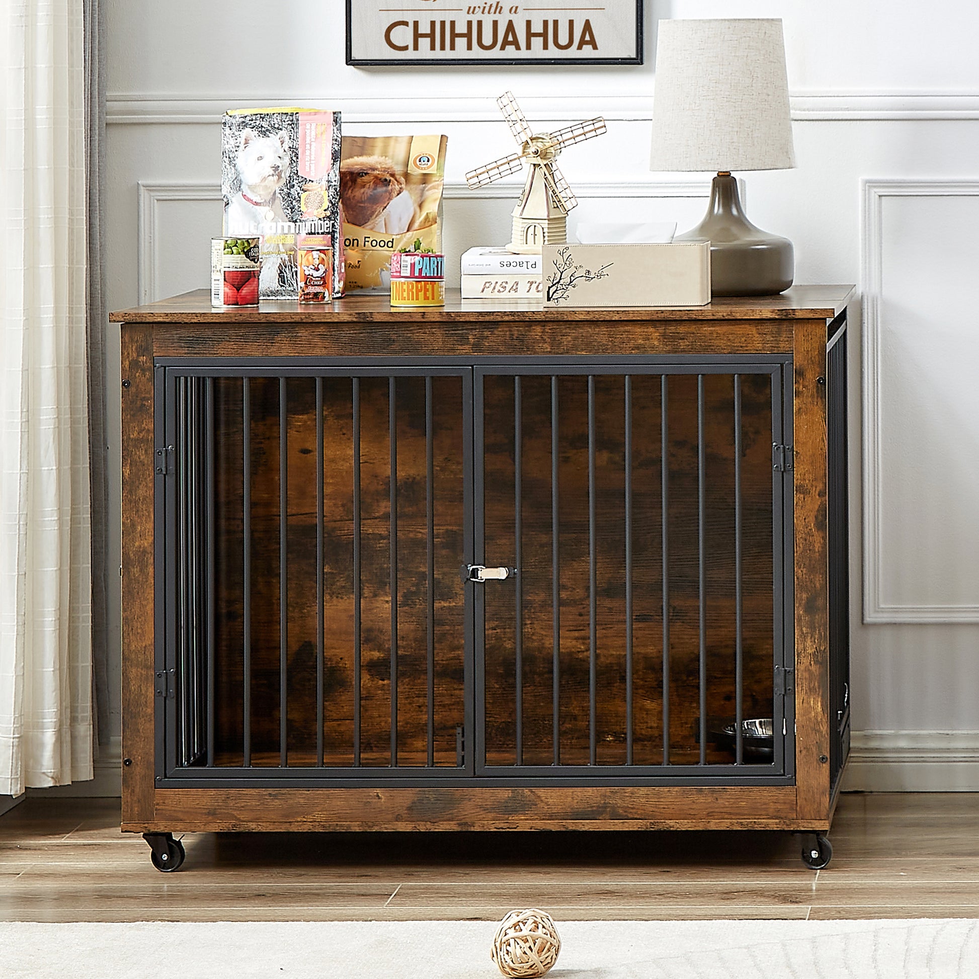 Furniture Style Dog Crate Side Table With Rotatable Feeding Bowl, Wheels, Three Doors, Flip Up Top Opening. Indoor, Rustic Brown, 43.7"W X 30"D X 33.7"H Rustic Brown Particle Board