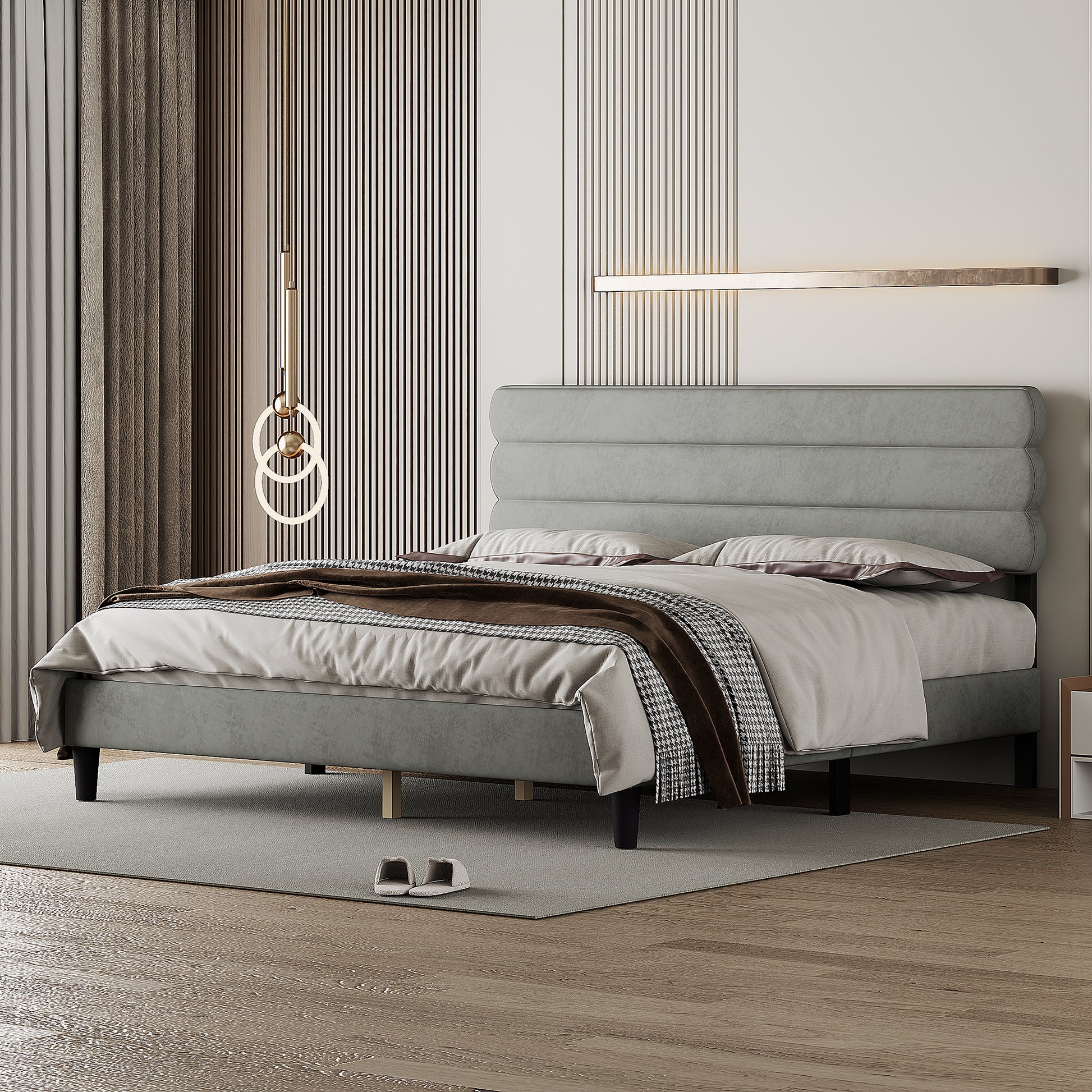 King Bed Frame With Headboard,Sturdy Platform Bed With Wooden Slats Support,No Box Spring,Mattress Foundation,Easy Assembly Light Grey Wood