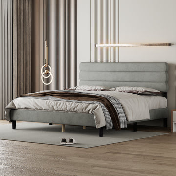 King Bed Frame With Headboard,Sturdy Platform Bed With Wooden Slats Support,No Box Spring,Mattress Foundation,Easy Assembly Light Grey Wood