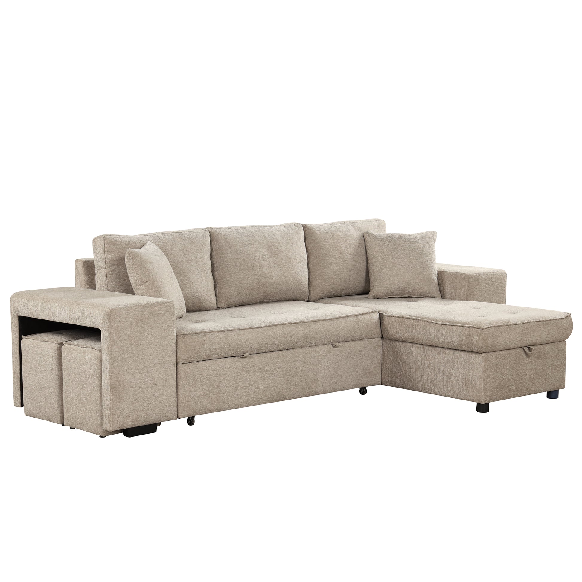 104.5" Modern L Shape 3 Seat Reversible Sectional Couch, Pull Out Sleeper Sofa With Storage Chaise And 2 Stools For Living Room Furniture Set, Cream Cream Foam Chenille 3 Seat