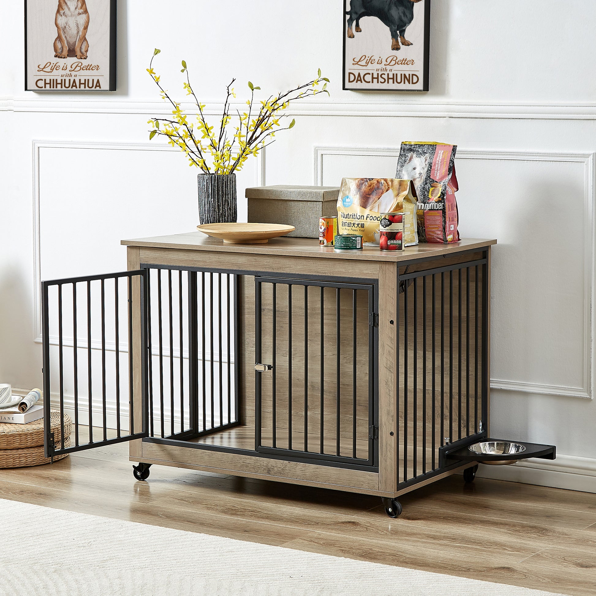 Furniture Style Dog Crate Side Table With Rotatable Feeding Bowl, Wheels, Three Doors, Flip Up Top Opening. Indoor, Grey, 38.58"W X 25.2"D X 27.17"H Grey Particle Board