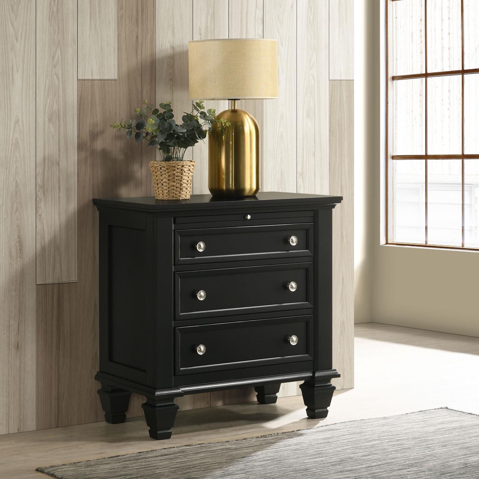 Black 3 Drawer Nightstand With Pull Out Tray Black 3 Drawers Bedroom Drawer Storage Coastal Rubberwood Felt Lined Drawers Black Wood